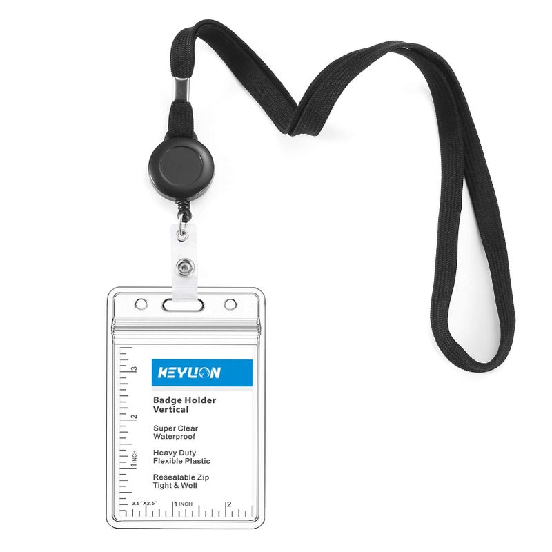 KEYLION Cruise Flat Lanyard with Retractable Badge Reel & Heavy Duty Clear Vertical ID Card Name Badge Holder (Black,3 Pack) - Image 1